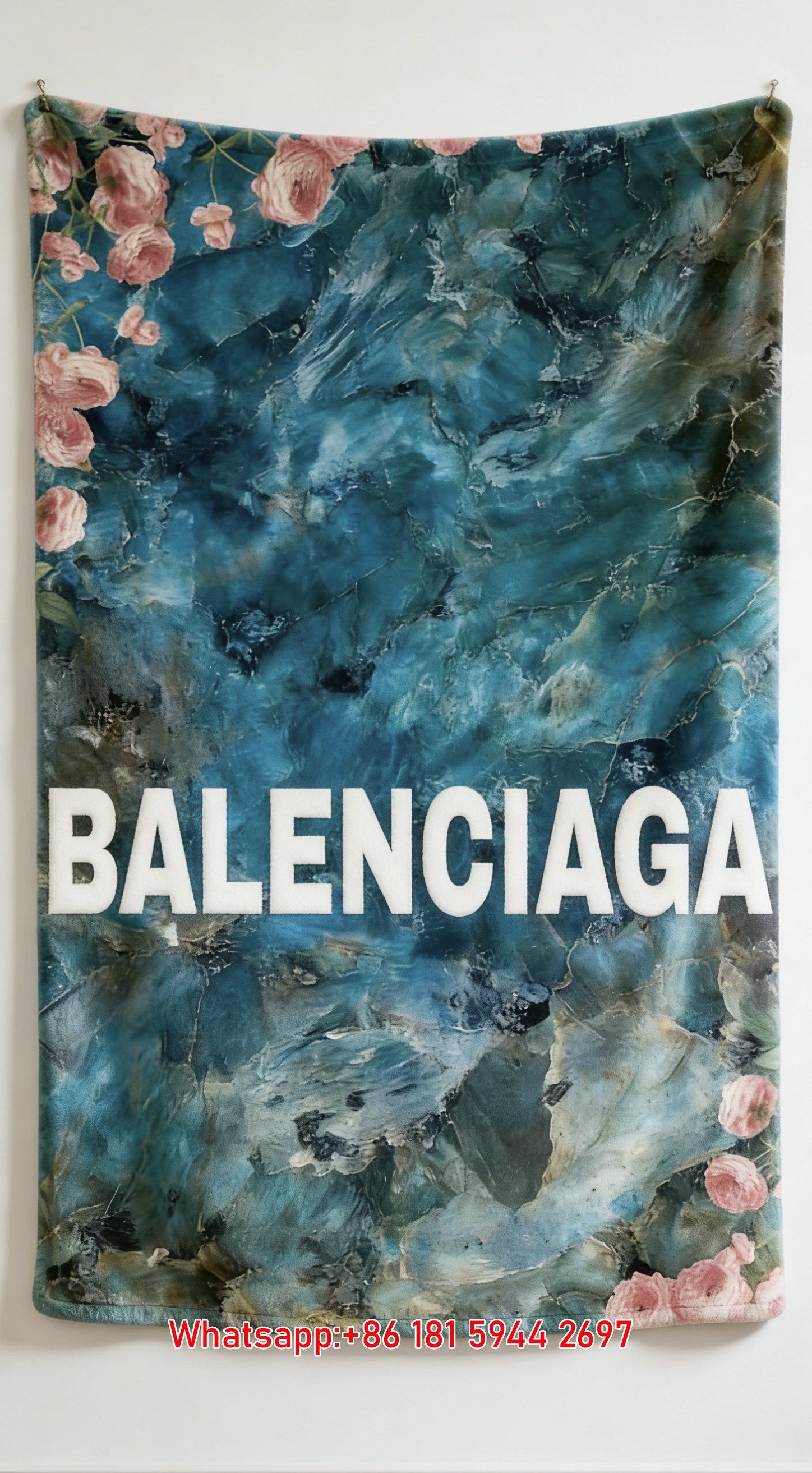 Balenciaga Teal Marble Floral Flannel Sofa Throw Blanket Luxury Brand Cover BA010